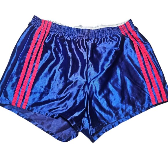 80s Mens Blue Satin Shiny Athletic Shorts 3 In Inseam Sz M/L Made USA Retro - Picture 1 of 9